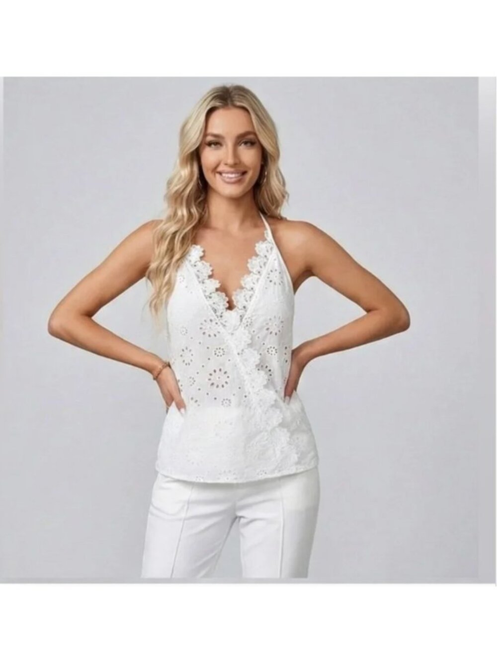 Boho Halter Eyelet Embroidered Top White